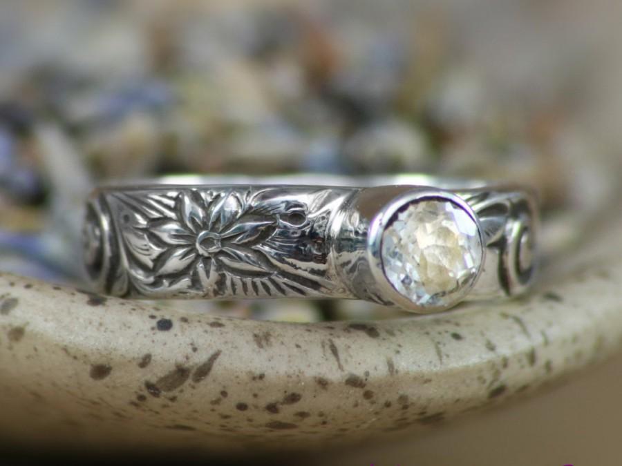 زفاف - Size 6.25 - White Sapphire Faceted Bezel Mount Engagement Ring in Sterling - Silver Pattern Ring With Tube Set Sapphire - Ready To Ship Gift