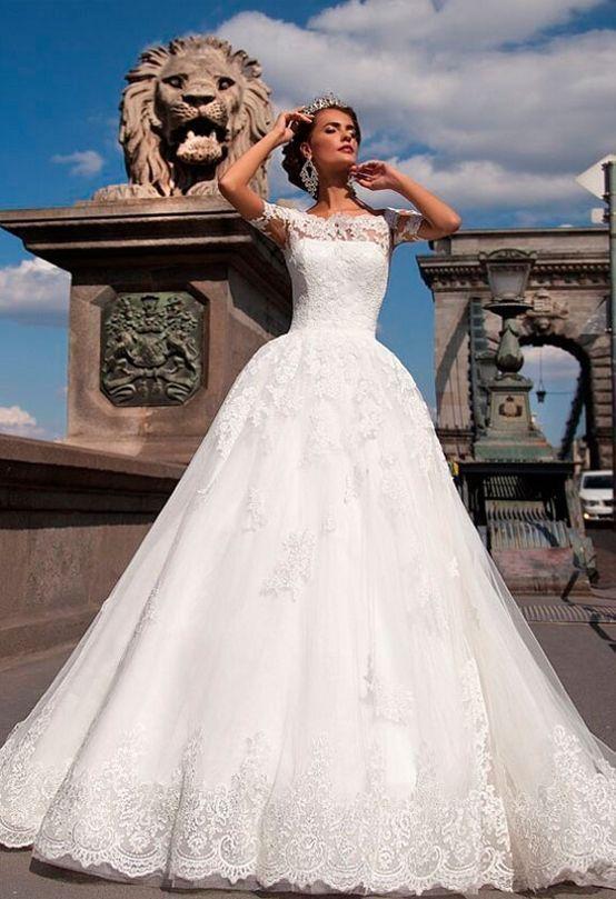 Hochzeit - Vintage Sheer Lace Off Shoulder Wedding Dresses 2016 Short Sleeve A-Line Illusion Applique Chapel Train Bridal Dress Ball Gowns Cheap Online with $112.31/Piece on Hjklp88's Store 