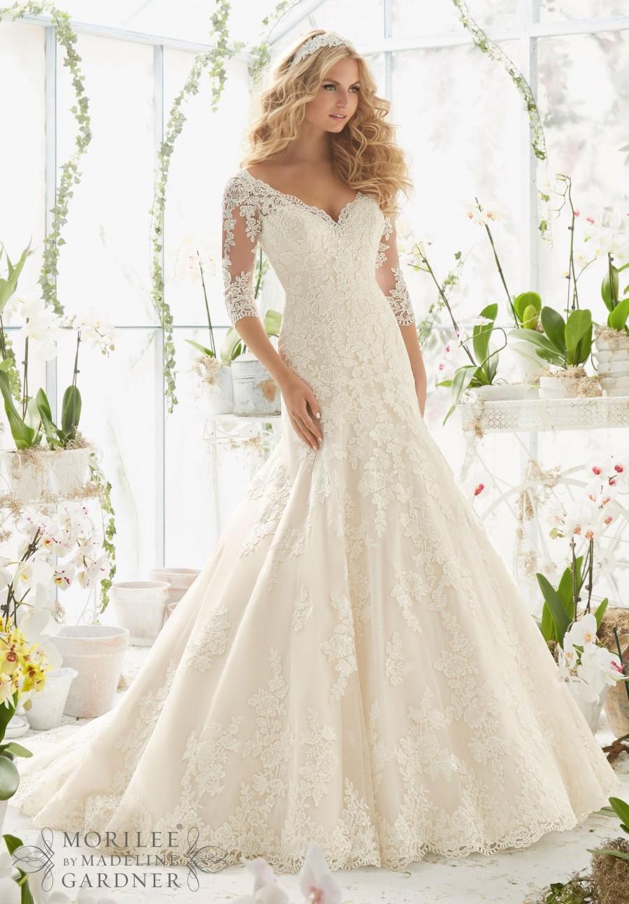 Hochzeit - Stunning Illusion Church Mermaid Wedding Dresses 3/4 Long Sleeve 2016 Lace Applique Bridal Gowns Dresses Chapel Train V-Neck Custom Online with $114.66/Piece on Hjklp88's Store 