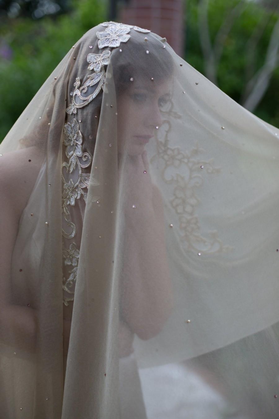 Свадьба - Couture metallic gold drop bridal veil, w/ metallic gold flower appliqués, Swarovski rhinestones and pearls scattered throughout (Isabella)