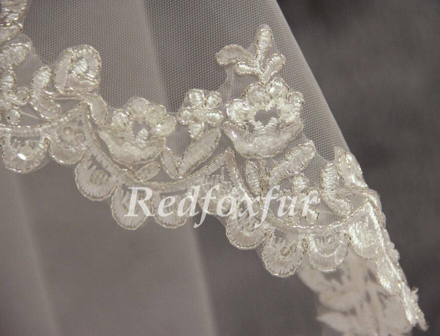 Mariage - Ivory Bridal Veil 1.5m Alencon lace veil Handmade string sequins Lace edge veil 1 tier Wedding dress veil Wedding Accessories No comb