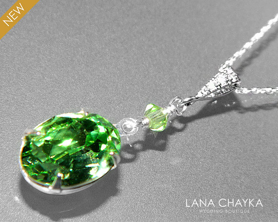 زفاف - Peridot Green Crystal Necklace Swarovski Peridot Oval Necklace Light Green Rhinestone Sterling Silver Necklace Wedding Light Green Jewelry
