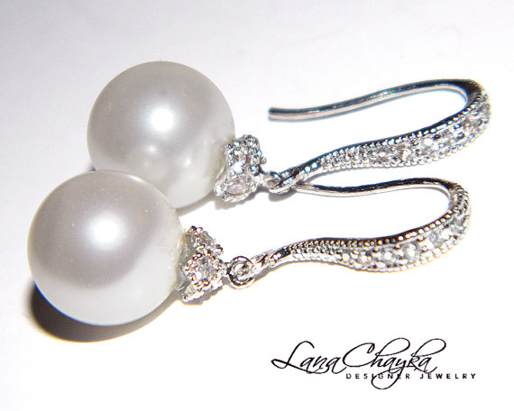 زفاف - White Pearl Drop Earrings Swarovski 10mm Pearl Bridal Earrings Sterling Silver CZ Pearl Earrings Wedding Jewelry Bridal Pearl Earrings
