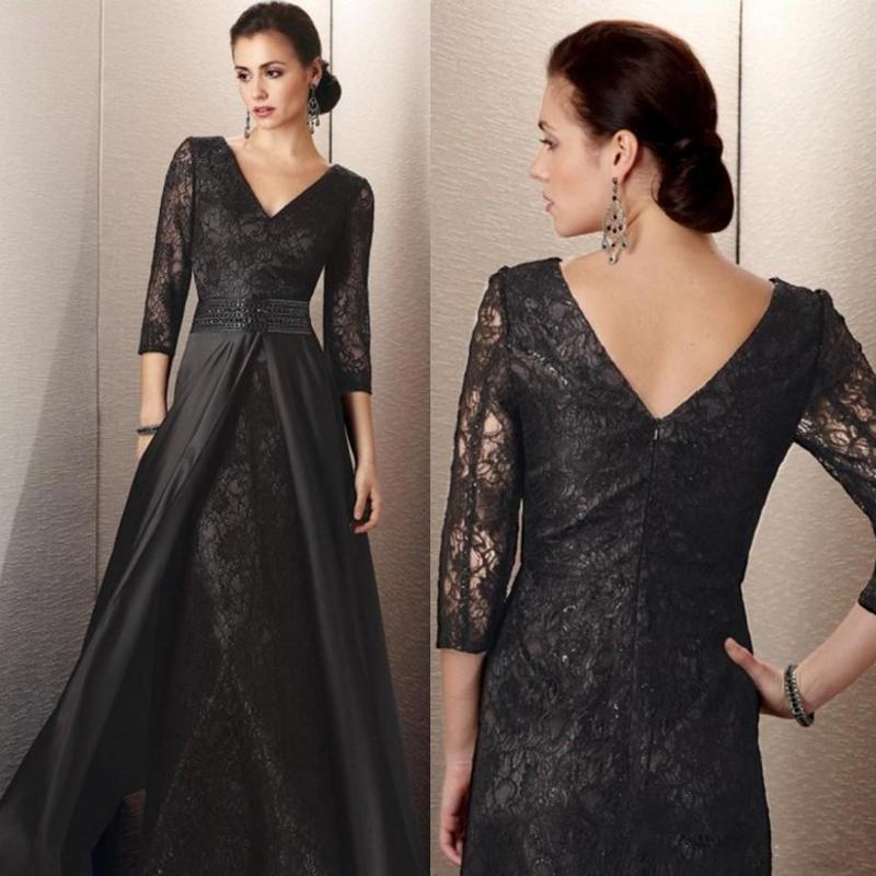 Свадьба - Black Lace 2016 Illusion Mother Of Bride Formal Gowns With Sheer 3/4 Long Sleeves V Neck Mother Formal Wear Women Evening Party Online with $110.47/Piece on Hjklp88's Store 