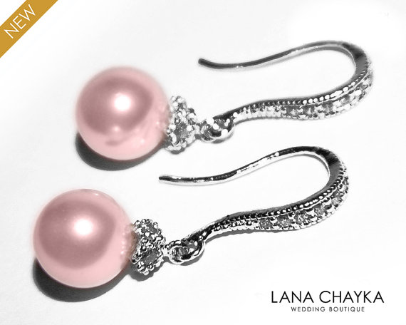 Mariage - Pink Pearl Earrings Rosaline Pearl Small Earrings Blush Pink Drop Pearl Earrings Swarovski 8mm Pearl Sterling Silver CZ Wedding Earrings