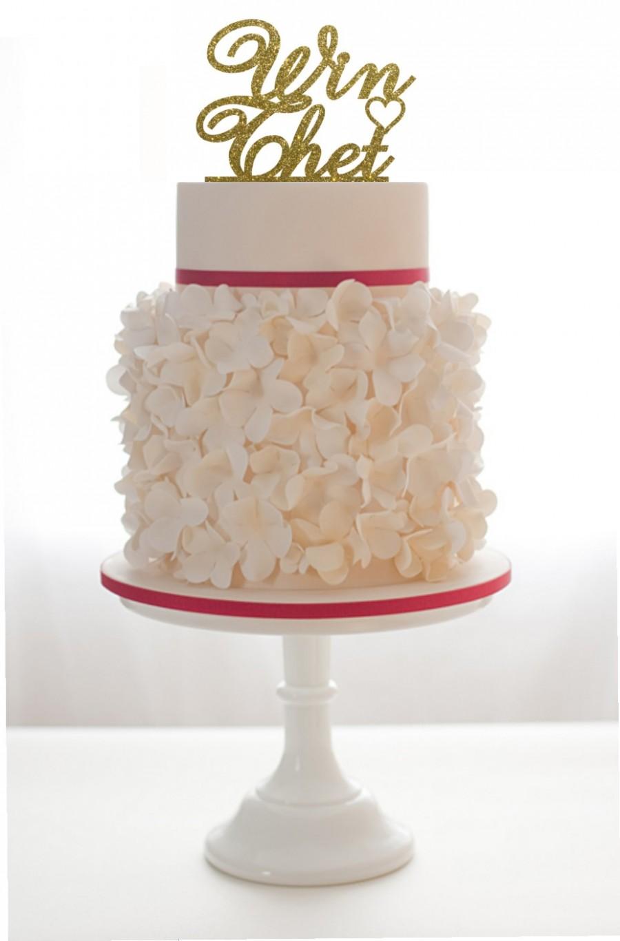 Hochzeit - Wedding Cake Topper With 2 Names and a heart Gold Gliiter