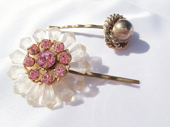 زفاف - Rhinestone Flower Hair Pins, Pink Rhinestone Hair Pin Set, Vintage Flower Bobby Pins, Vintage Wedding Hair Pins, Bridal Hair Piece, Gift For