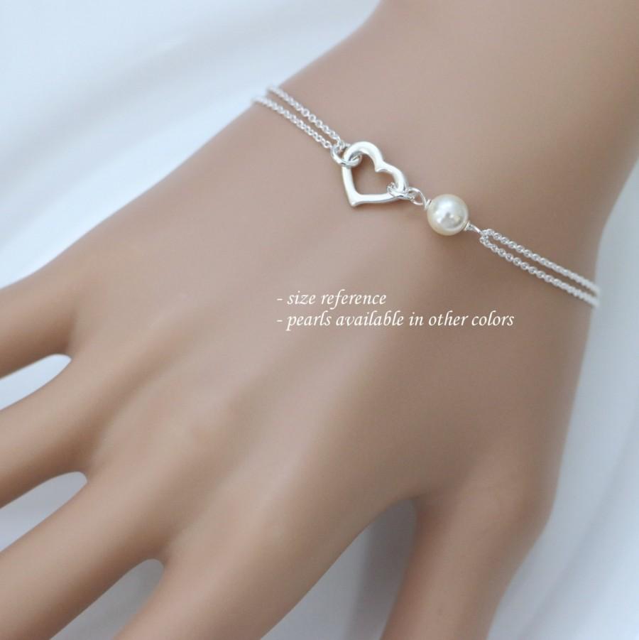 Wedding - CUSTOM COLOR Maid of Honor Gift Sterling Silver Heart and Swarovski Pearl Bracelet, Bridesmaid Bracelet, Bridesmaid Jewelry, Bridesmaid Gift