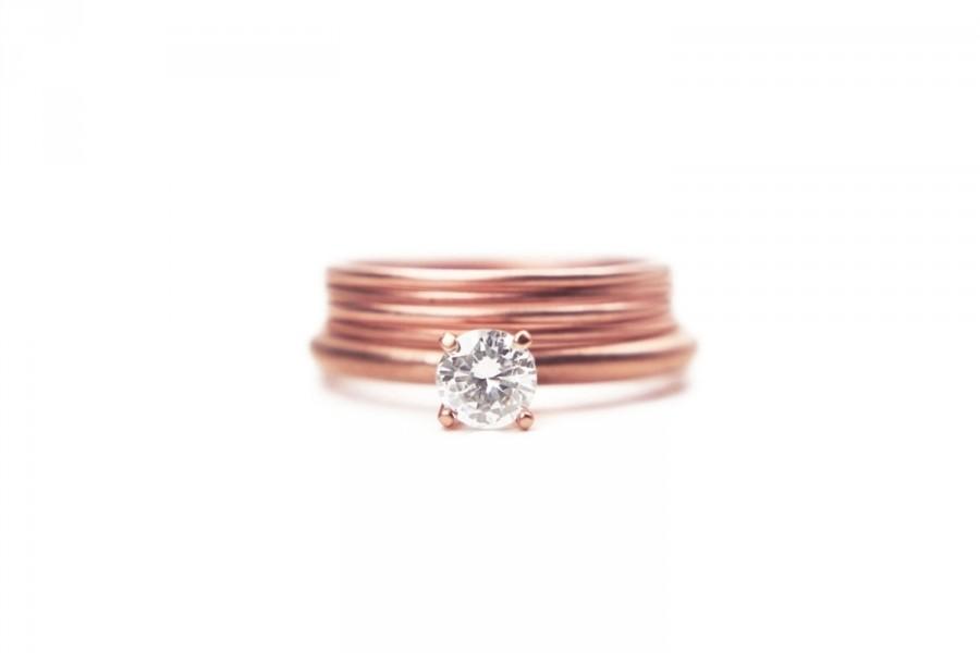 Wedding - Rose gold simple engagement ring, 14k eco friendly white sapphire or diamond, bridal set of stacking simple thin bands