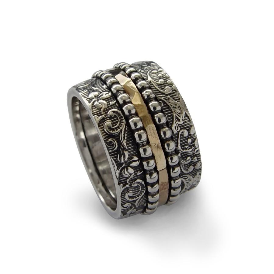 زفاف - Silver gold spinners band, Sterling Silver, Gold Filled, Floral wide ring, Worry ring, Wedding band, Dotted Unisex ring, Anxiety ring, Sale