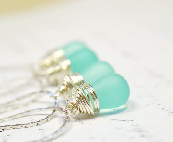Wedding - Seaside Wedding Necklaces, Aqua Necklace for Bridesmaids, Wire Wrapped Silver Pendant