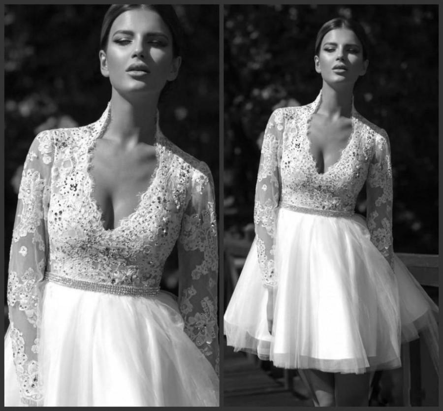 Hochzeit - Beach Long Sleeves Lace Appliques Beaded Sash Custom Short Mini Wedding Dresses 2016 Garden Illusion Sheer Tulle Bridal Ball Gowns Online with $93.46/Piece on Hjklp88's Store 