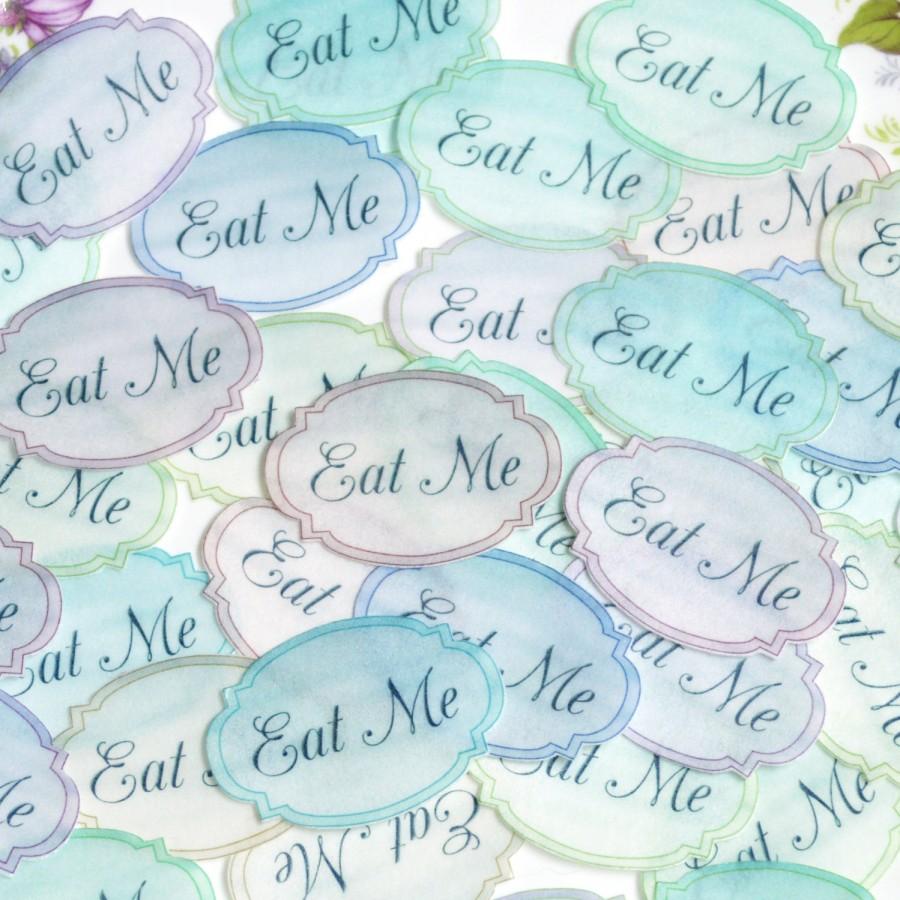 Wedding - EAT ME Edible Alice in Wonderland Pastel Labels x 36 Small Wafer Paper Wedding Cake Decorations Mad Hatter Tea Party Cupcake Toppers Cookies