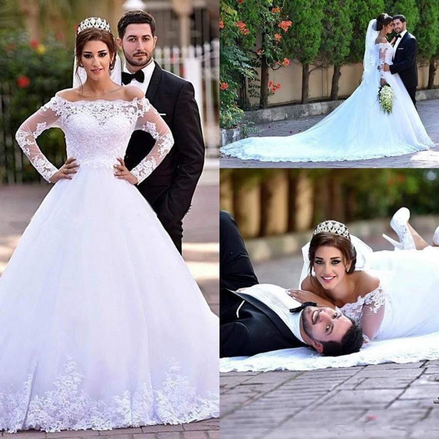 Wedding - Classical Long Sleeves Lace A Line 2016 Wedding Dresses Off-Shoulder Appliques Beads Court Train Arabic Bridal Ball Gowns Cheap Custom Online with $129.59/Piece on Hjklp88's Store 