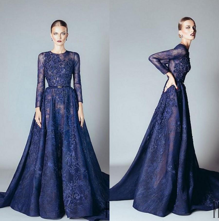 Hochzeit - Elie Saab 2016 Blue Beaded Appliques Long Sleeve Evening Dresses Flowers Formal Gowns 2016 Party Dress Ball Train Red Carpet Dresses Online with $135.87/Piece on Hjklp88's Store 