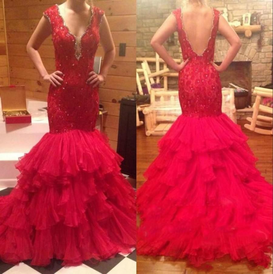 Hochzeit - Elegant Beaded Red Lace Evening Dresses Prom Mermaid 2016 Sexy Deep V Neck Crystals Tiered Ruffles Backless Formal Party Dresses Gowns Online with $117.02/Piece on Hjklp88's Store 