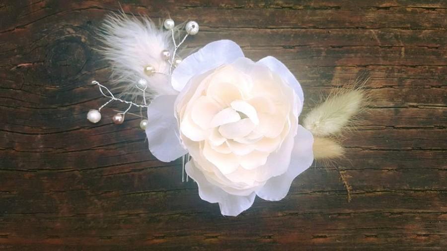 Mariage - Beautiful Handmade Floral Bridal Pearl White Rose Feather Crystals and Cattails