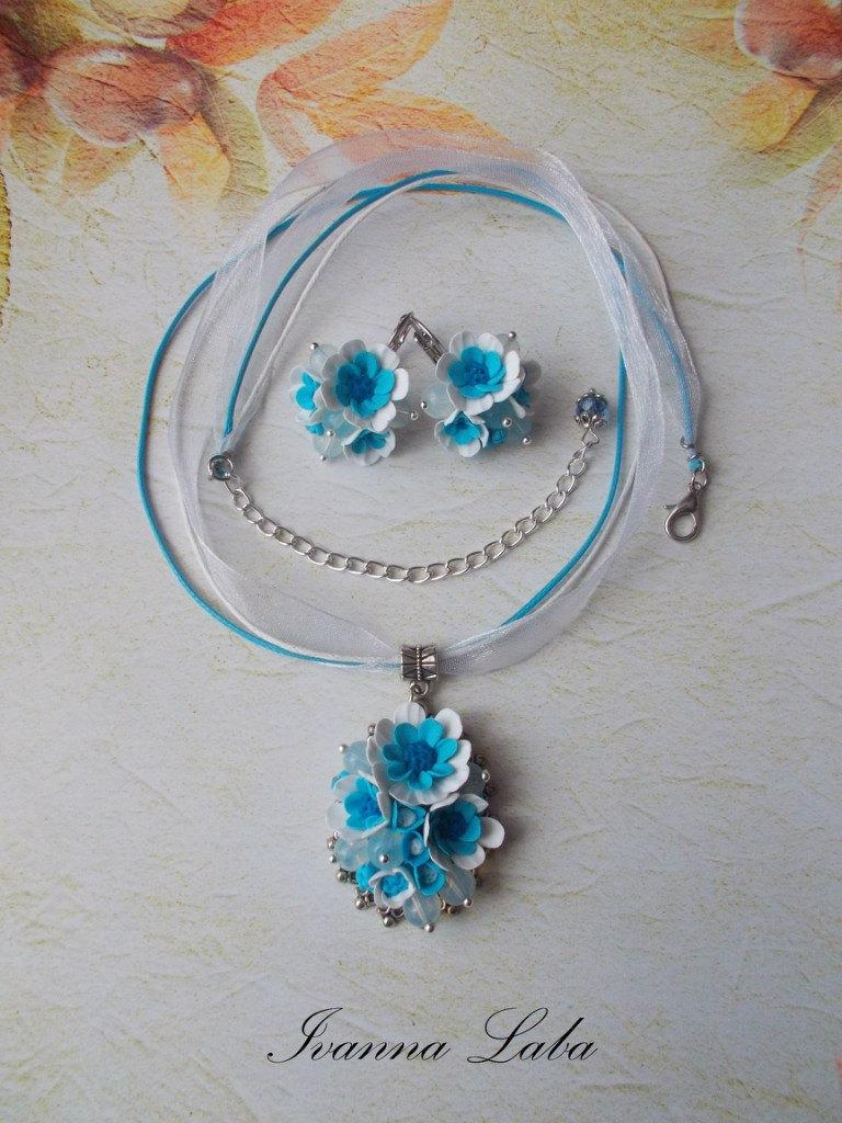زفاف - Blue jewelery set,blue flowers, blue flowers set, blue pendant, bridesmaid gift, rustic earrings, blue flowers earrings, girls set, gift