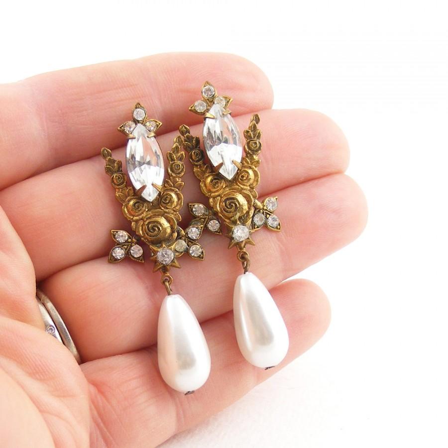 زفاف - Belle Epoque Earrings, Edwardian Style Crystal & Pearl Drop Earrings in Antique Gold, Unique Repurposed Recycled Statement Jewellery