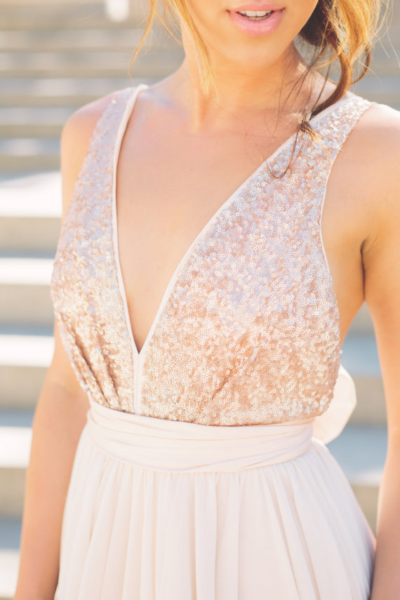 زفاف - Megan's Bridesmaids - rose gold sequin bodice with higher back, blush chiffon waistband and bow, and blush chiffon skirt
