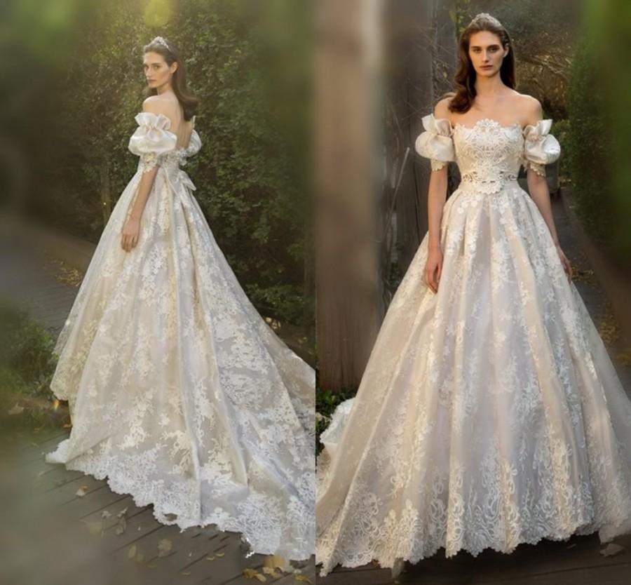 Wedding - Fairy Juliet Wedding Dresses 2016 Off Shoulder Full Lace Short Sleeve A-Line Bridals Ball Gowns Applique Sexy Backless Sweep Train With Bow Online with $133.51/Piece on Hjklp88's Store 