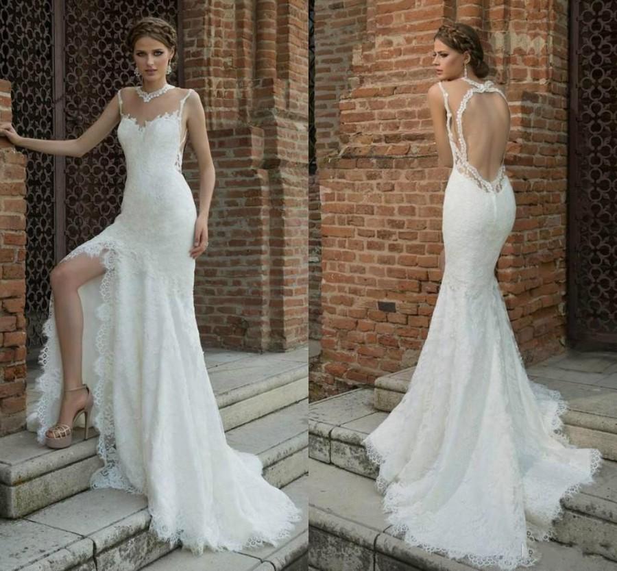 Wedding - New Arrival Sexy Mermaid Full Lace Wedding Dresses 2016 Spring High Slit Sheer Neck Hollow Custom Made Trumpet Bridal Gowns Garden Online with $106.81/Piece on Hjklp88's Store 