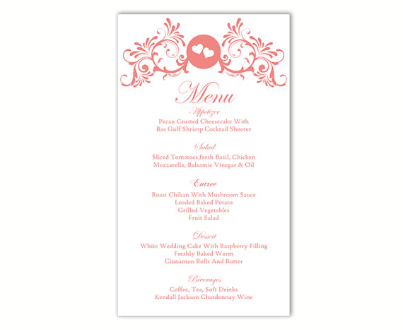 Wedding - Wedding Menu Template DIY Menu Card Template Editable Text Word File Instant Download Red Menu Heart Menu Template Printable Menu 4x7inch