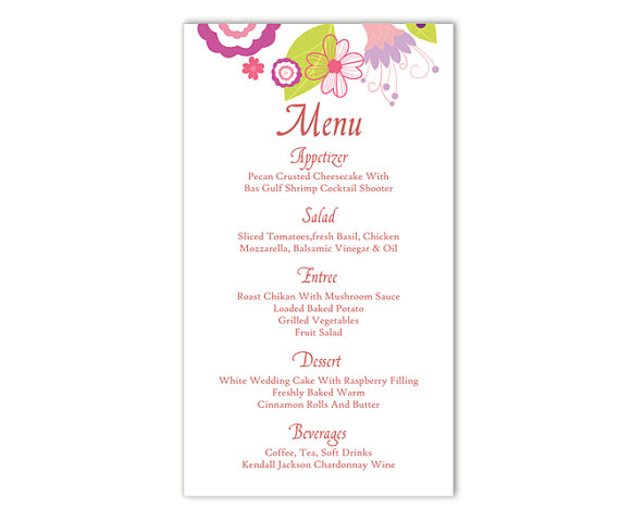 Свадьба - Wedding Menu Template DIY Menu Card Template Editable Text Word File Instant Download Colorful Menu Floral Menu Printable Menu 4x7inch