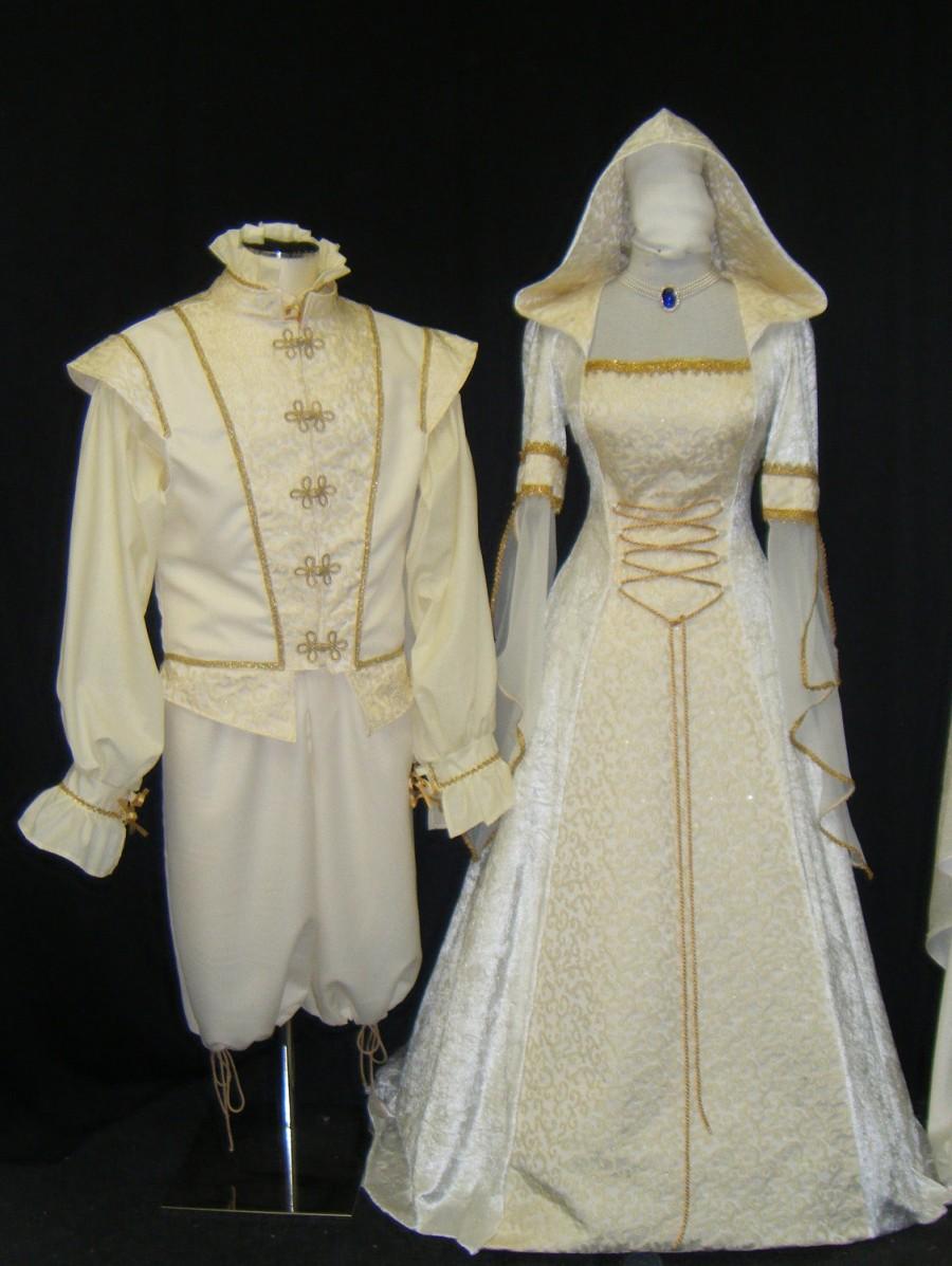 white and gold medieval wedding dress