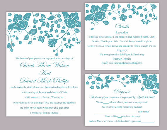 Hochzeit - DIY Wedding Invitation Template Set Editable Word File Instant Download Printable Teal Invitation Elegant Flower Wedding Invitation