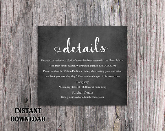 Свадьба - DIY Wedding Details Card Template Editable Word File Instant Download Printable Chalkboard Details Card Heart Details Card Enclosure Card