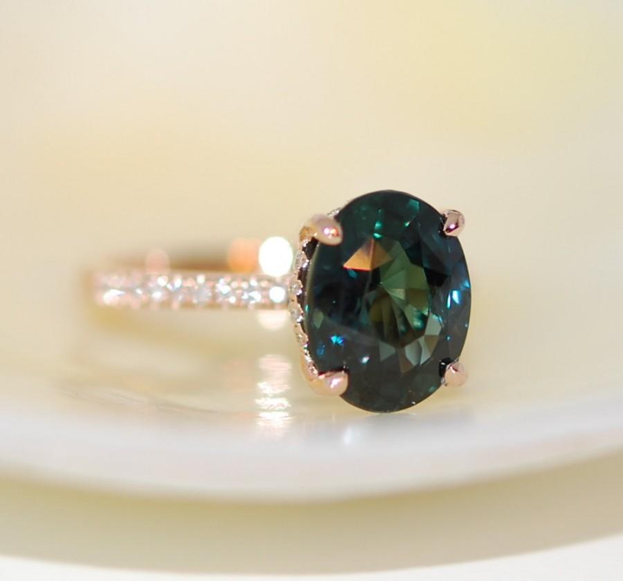 Hochzeit - Peacock Green sapphire engagement ring. Peacock sapphire 4.08ct oval diamond  ring 14k Rose gold.