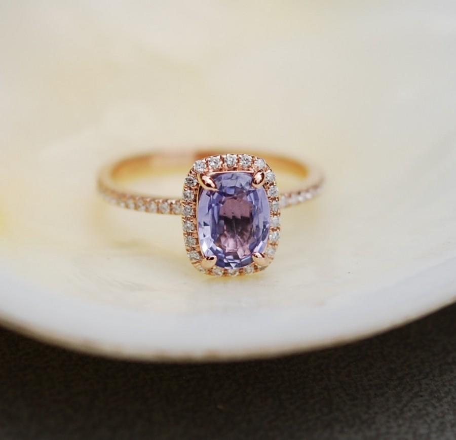 Wedding - Rose gold sapphire ring. 1.38ct Lavender Blue sapphire diamond ring 14k rose gold cushion engagement ring