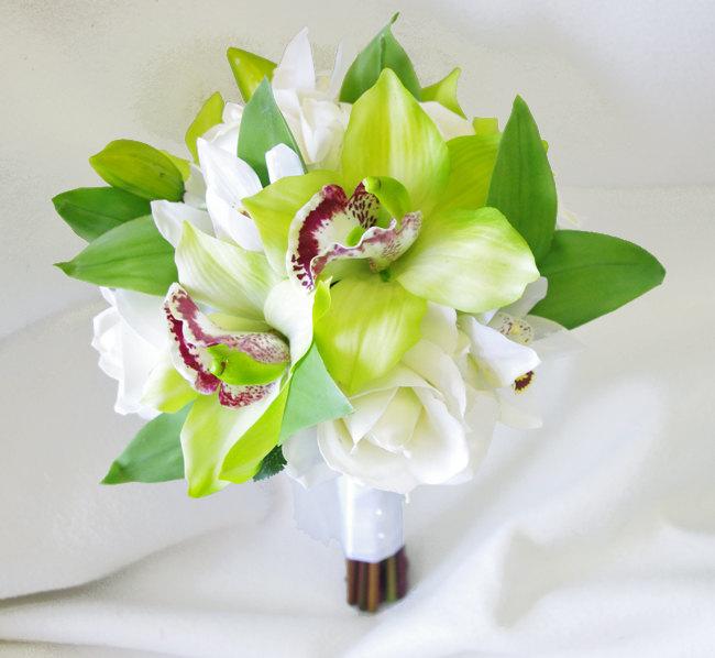 Hochzeit - Wedding Natural Touch Green Cymbidium Orchids and White Roses Silk Flower Bride Bouquet - Almost Fresh
