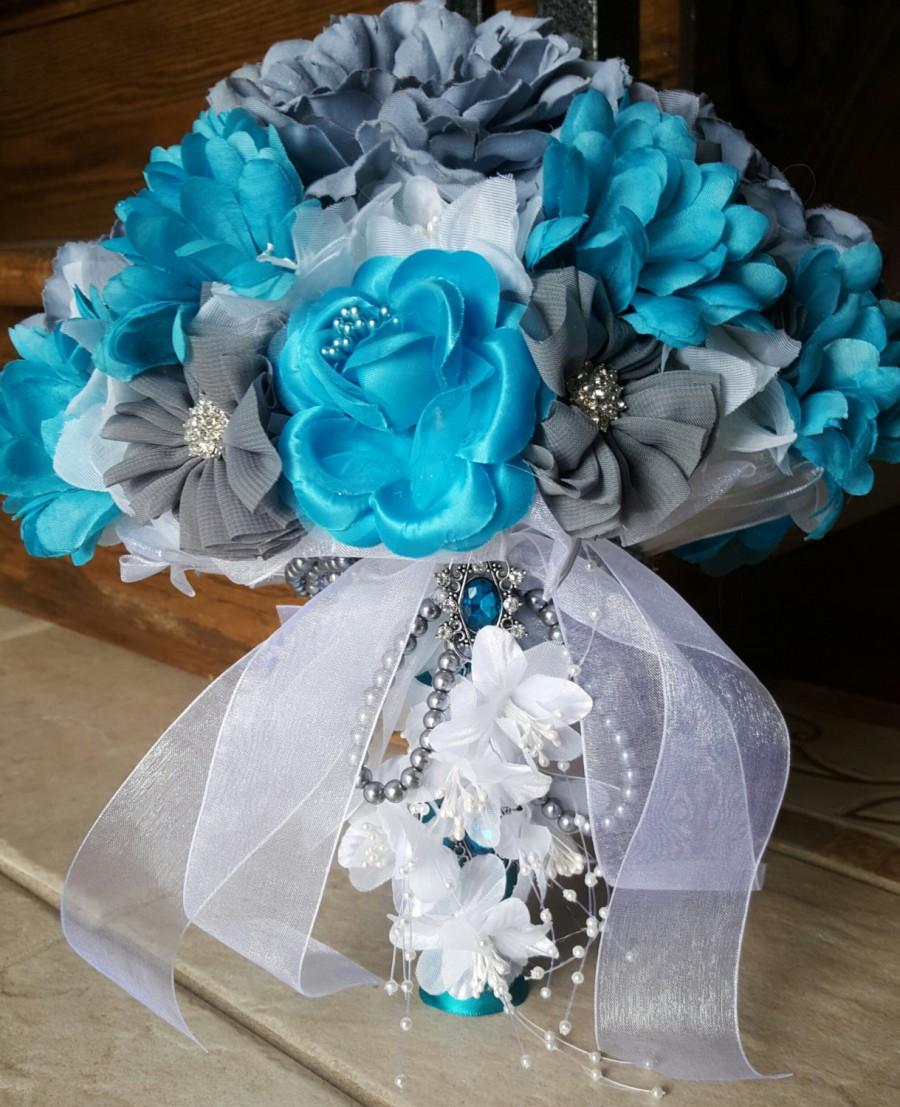 Hochzeit - Teal and Gray Fabric Wedding Bridal bouquet