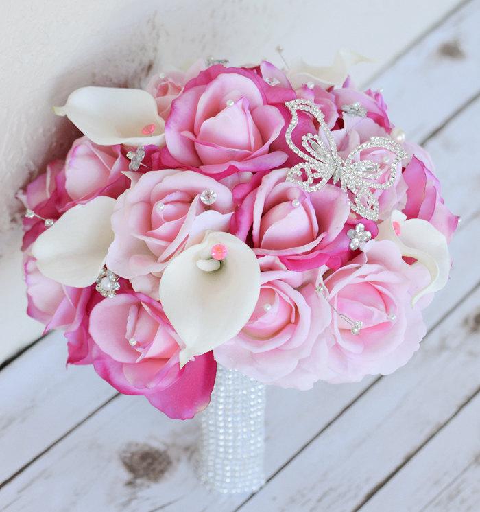 Свадьба - Wedding Brooch Bouquet with Jewels Crystal and Pearl - Hot Pink Silk Flowers Roses Bridal