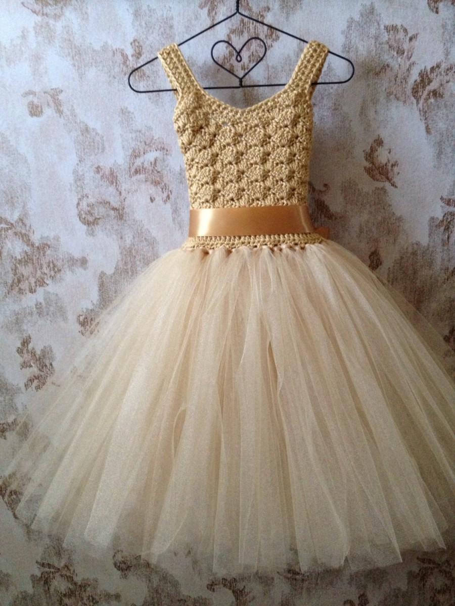 Mariage - Gold flower girl tutu dress, ankle length tutu dress, Boho crochet tutu dress, wedding tutu dress, gold crochet tutu dress, corset back tutu