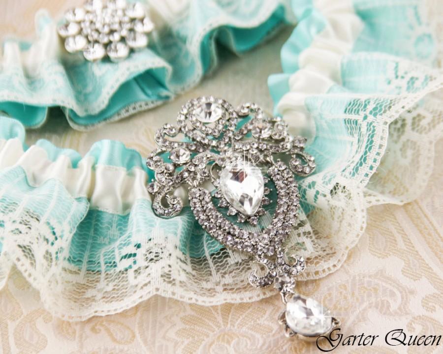 Hochzeit - Something Blue Garter Set, Aqua Blue Bridal Garter Set, Ivory Lace Garter Set, Blue Lace Wedding Garter Set, Ivory Garter Set