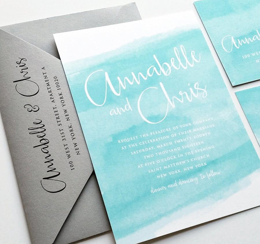 Свадьба - NEW Annabelle Aqua Watercolor Beach Wedding Invitation Sample - Modern Calligraphy Script Destination Blue Watercolor Wedding Invitation