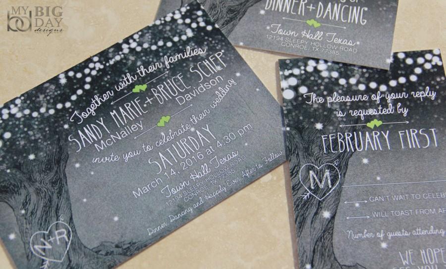 زفاف - NEW! Whimsical, Midnight Sparkle wedding invitations. Fairy lights, carved initials, and oak tree. Light String Wedding Invitations