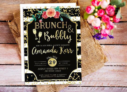 Mariage - Brunch and Bubbly Bridal Shower Invitation, Bubbly and Brunch, Black and White stripes Bridal Shower Invitation, Gold Glitter Brunch Invite