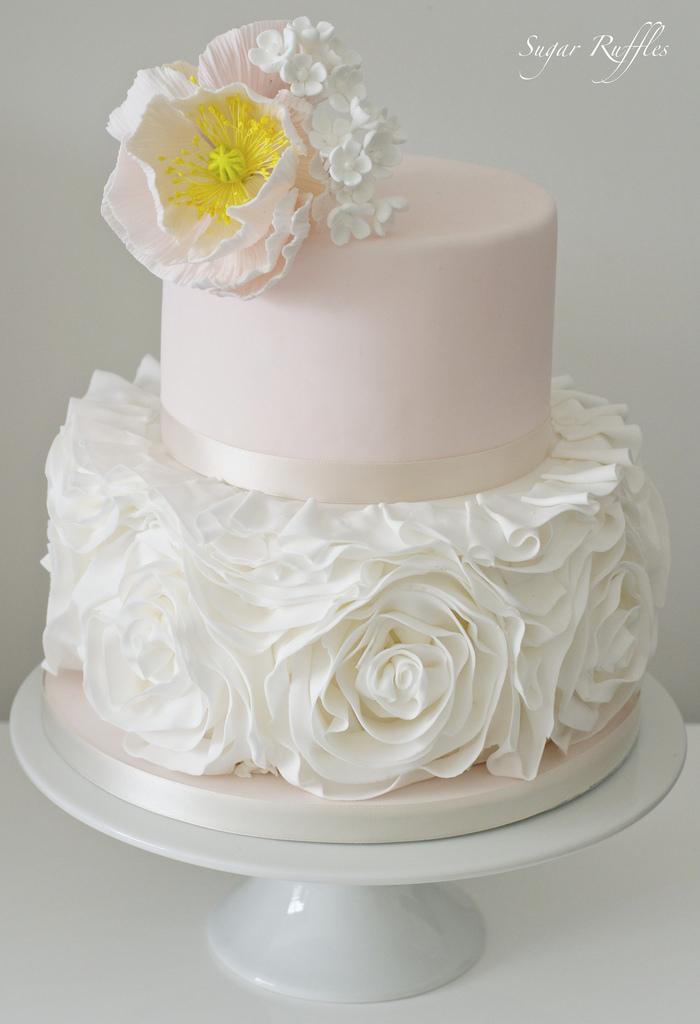 Wedding - Ruffle Rose Wedding Cake With Poppies