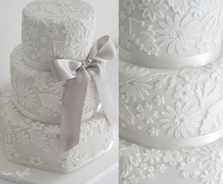 Wedding - Lace Wedding Cake With Silver Bow