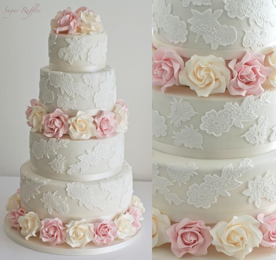 Wedding - Pink Roses & Lace Wedding Cake