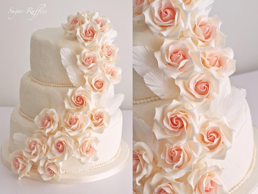 Mariage - Rose Cascade Wedding Cake With Feathers