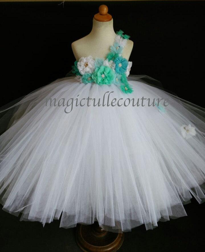 Hochzeit - Beach wedding Teal blue aqua turquoise mint green ocean white flower girl tutu dress tulle dress birthday party dress toddler dress