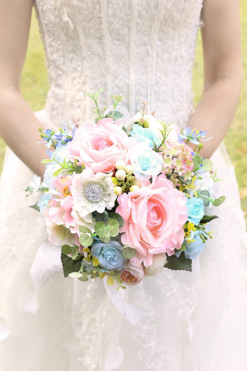 Hochzeit - Tiffany blue bridal bouquet of pale pink roses royal groom boutonniere Tiffany Blue color happy wedding bouquet