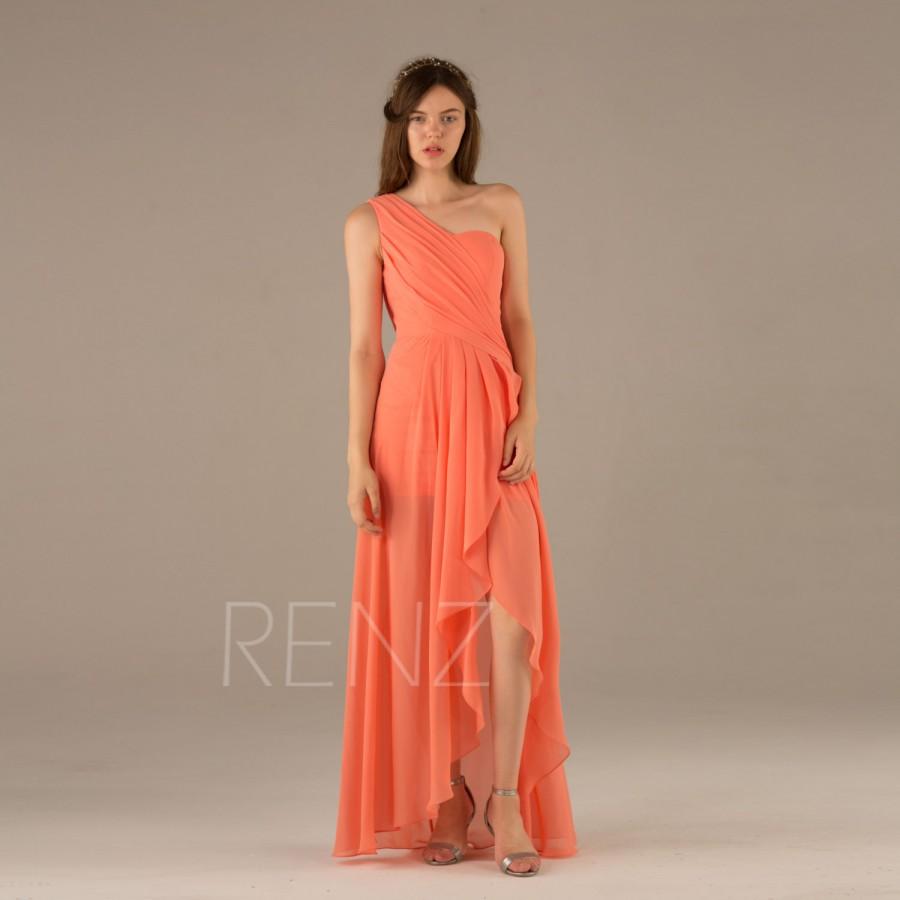 Mariage - 2015 Orange Bridesmaid dress, Coral Chiffon Wedding dress, One Shoulder Asymmetric Party dress, High Low Prom dress floor length (T088)
