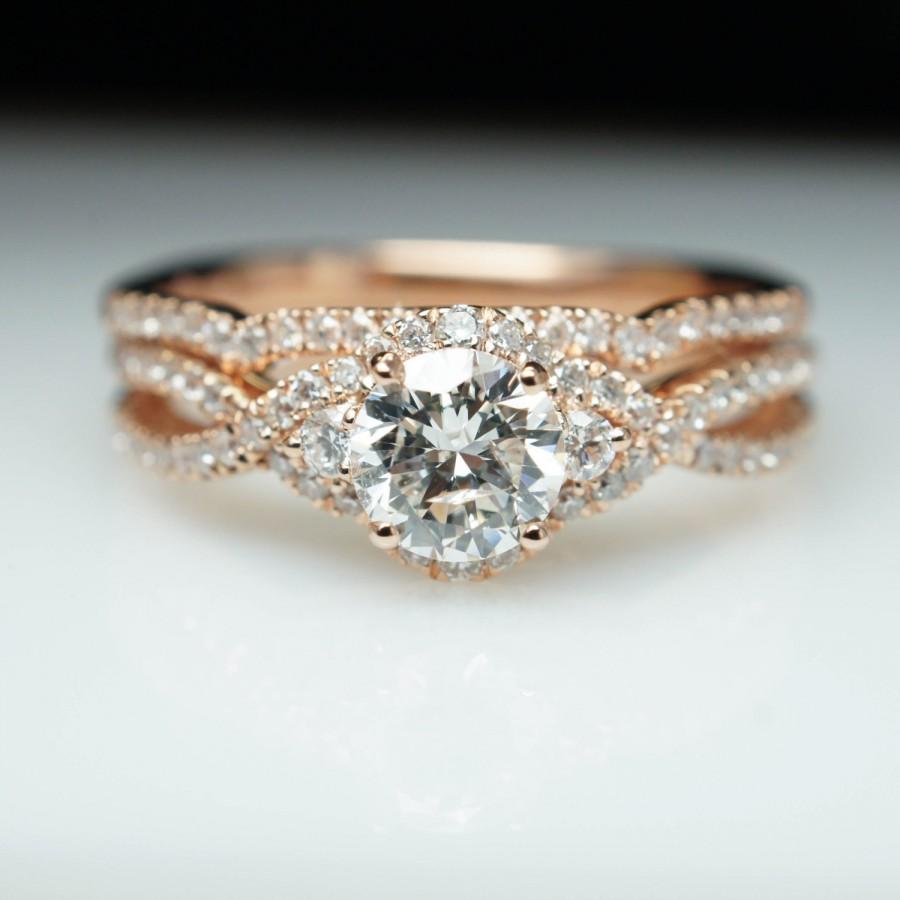 Hochzeit - 14k Rose Gold Diamond Halo Engagement Ring & Wedding Band Set Diamond Engagement Ring Three Stone Rose Gold Wedding Ring Custom Bridal Set