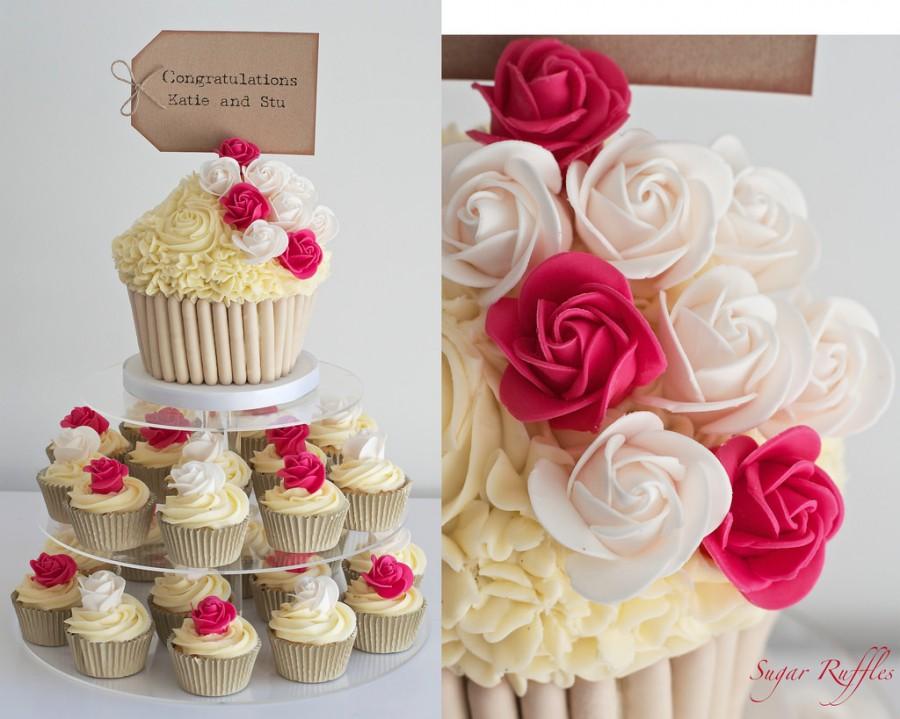 Wedding - Ivory And Raspberry Rose Cupcake Tower